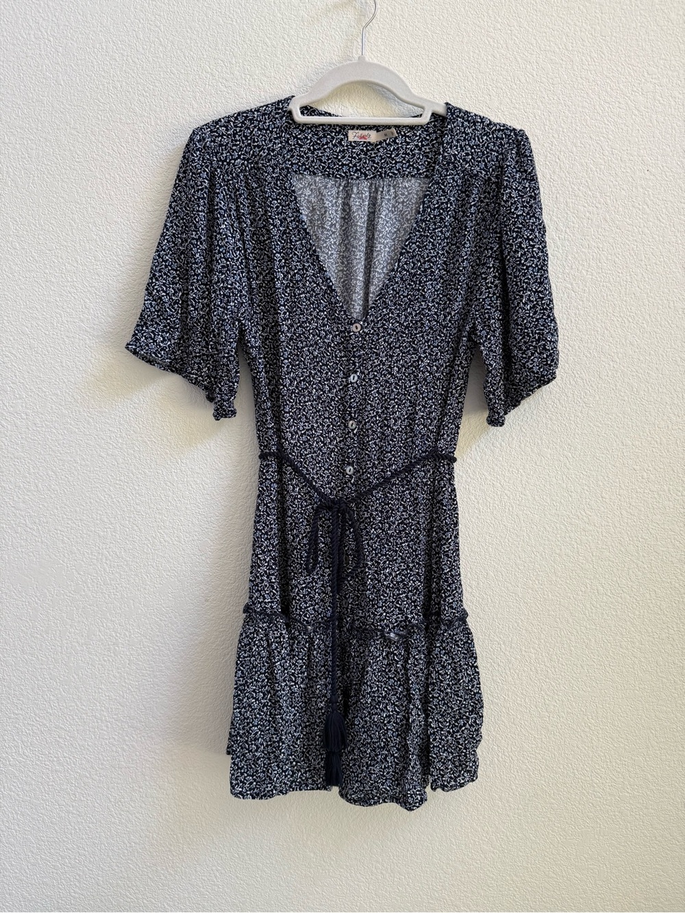 Faherty Floral Mini Dress Medium Boho Tie Waist Blue Ruffle Cottagecore